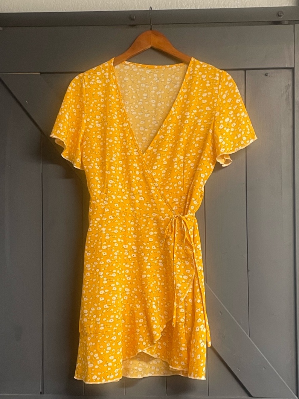 SHEIN Yellow Floral Wrap Mini Dress